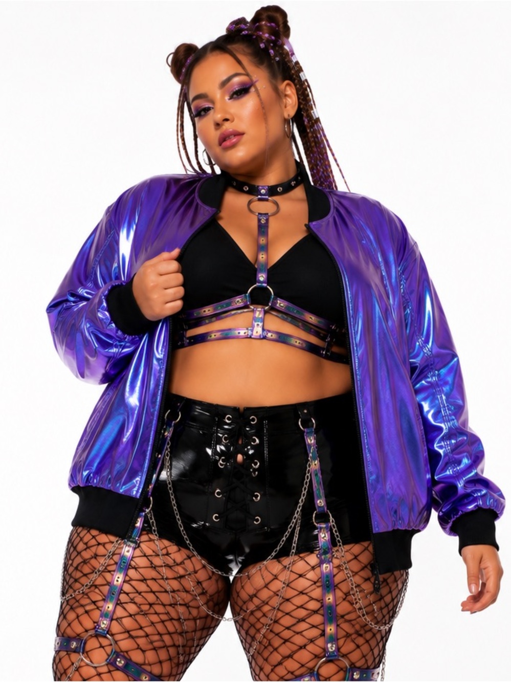 KANCY KOLE Iridescent Holographic Bomber Jacket Zip Up Purple Black Size 2X